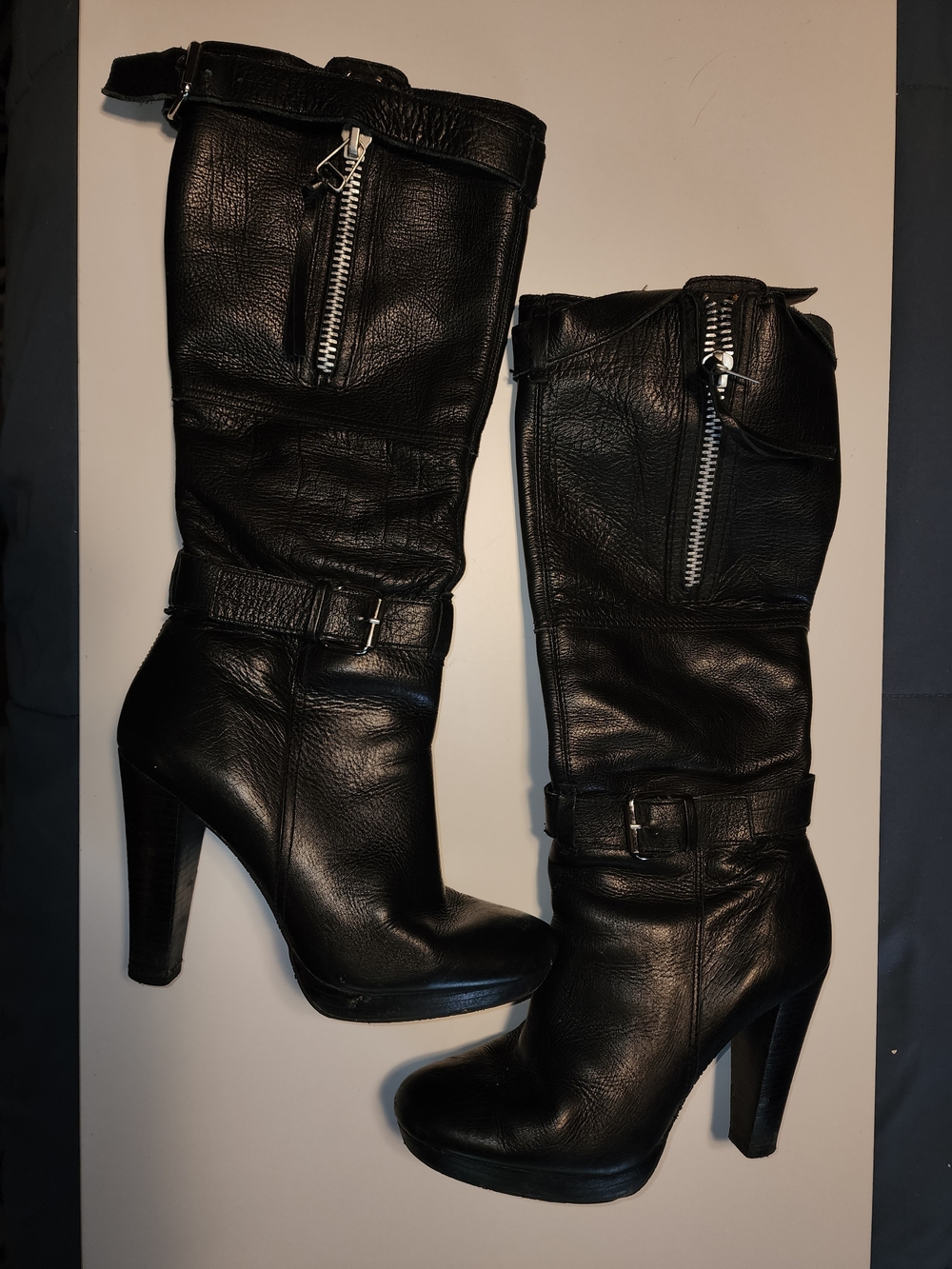 Carlos Santana Black Leather High-Heel Mid-Calf Boots with Zipper